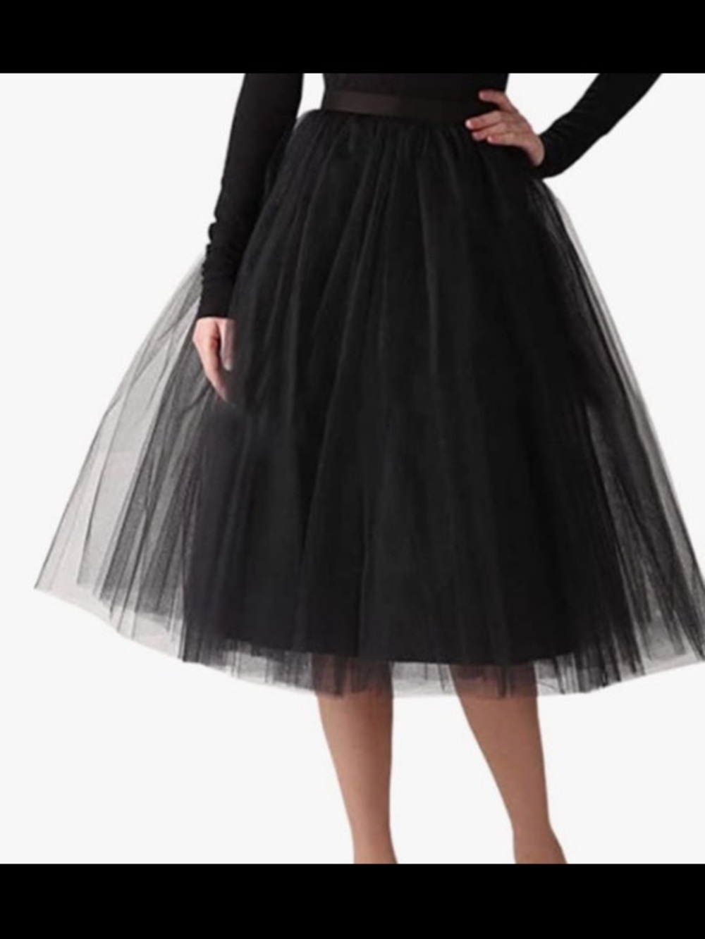 Women's Black Tulle Midi Skirt with Elastic Waist